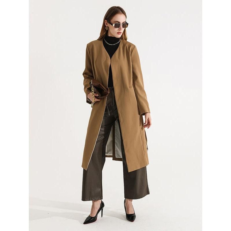 Elegant Women's Full-Length Trench Coat with Lace-Up Waist and Full Sleeves