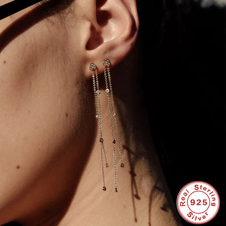 Triangle Studded Diamond Spacing Tassels Appear Slim And Long Chain Earrings - Dazpy