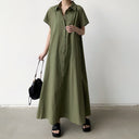 Vestido largo de lino con corte en A y manga corta para mujer