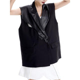 Chic Wide-Shoulder V-Neck PU Leather Patchwork Waistcoat