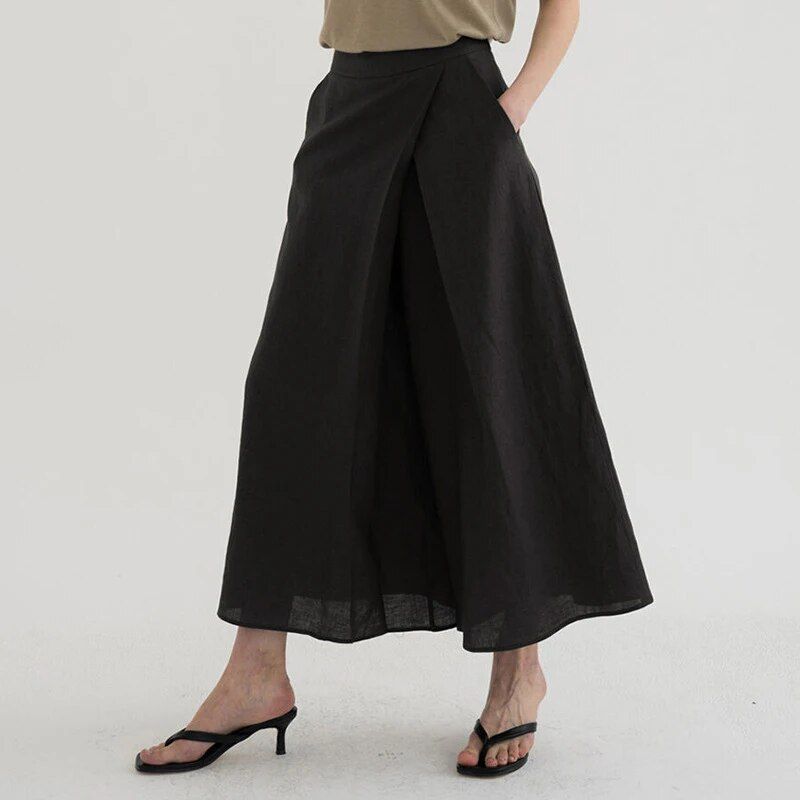 Pantalones anchos elegantes de algodón y lino de cintura alta para mujer