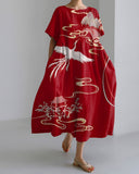 Printed Short-Sleeve Patchwork Midi Dress