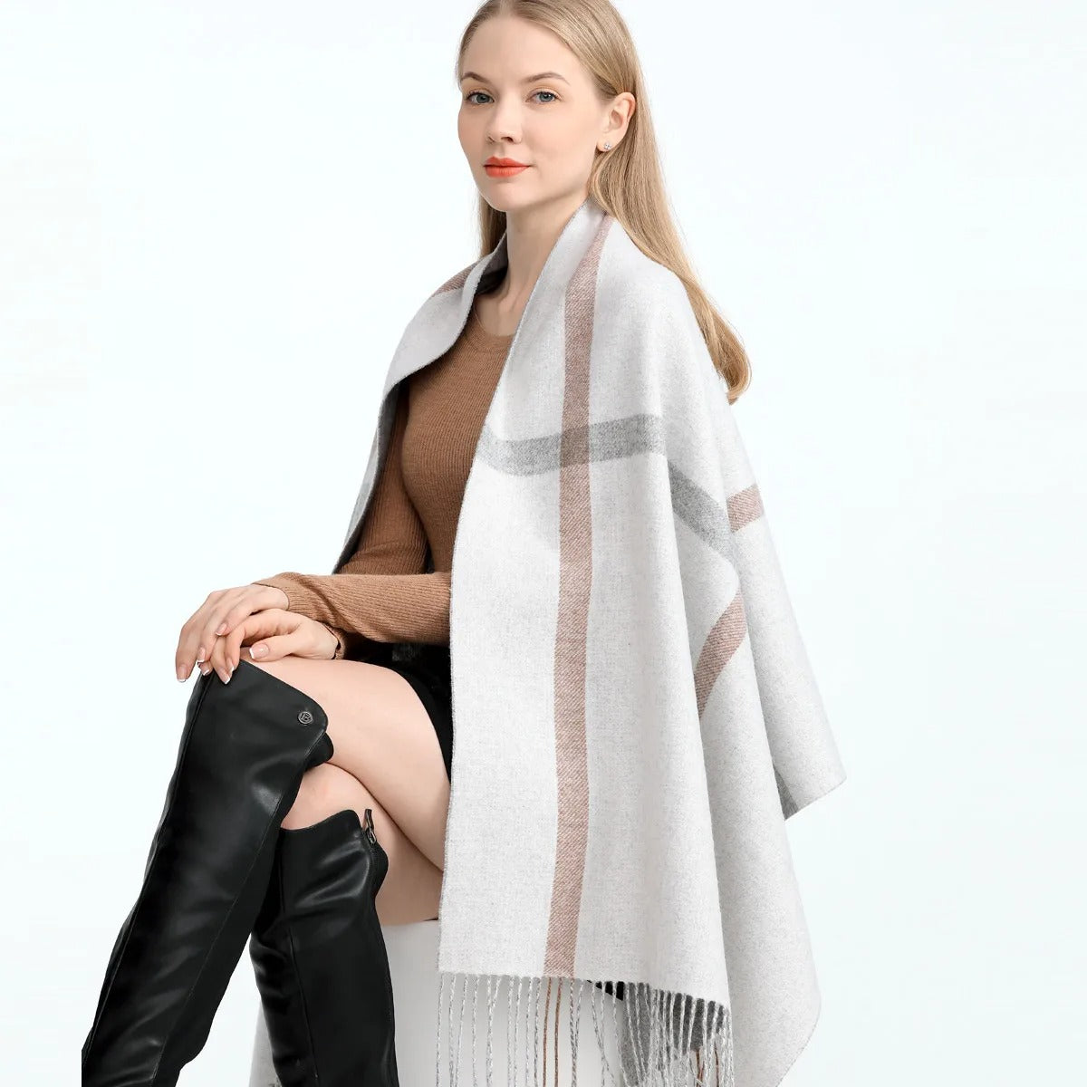 Luxuriöser karierter Kaschmirschal für Damen – warmer Pashmina-Schal mit Quasten