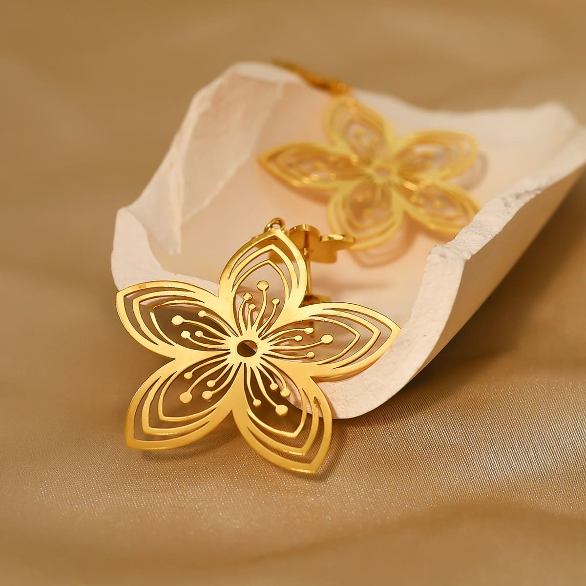 Gold Plated Stainless Steel Flower Drop Earrings