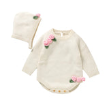 Newborn Baby Girl Long Sleeve Knit Bodysuit with 3D Floral Hat – 2pc Outfit Set