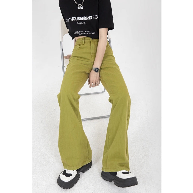 Pantalones De Mezclilla De Moda Coreana De Cintura Alta Verdes