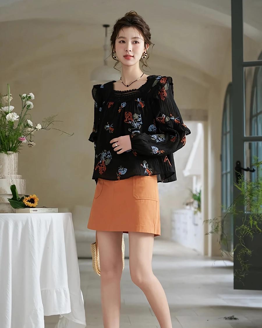 Spring Orange A-Line Skirt with High Waist and Symmetric Pockets