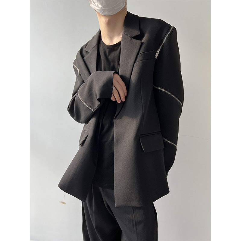 Men's Zippered Sleeve Splicing Black Suit