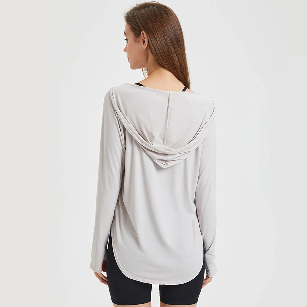 Sudadera con capucha para yoga de manga larga con protección UV para mujer: camiseta de entrenamiento ligera y transpirable