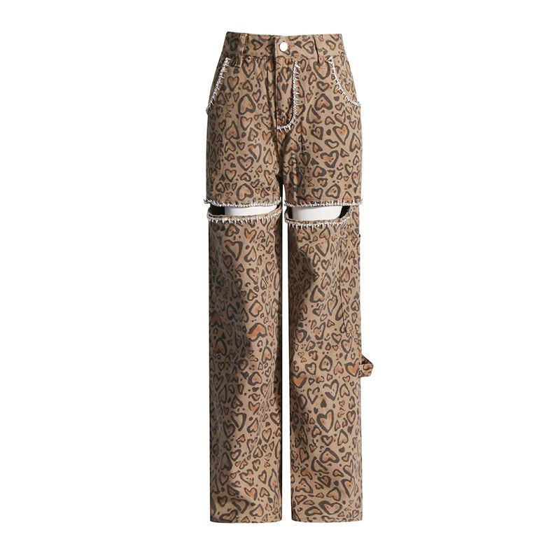 High Waist Leopard Patchwork Denim Wide-Leg Pants