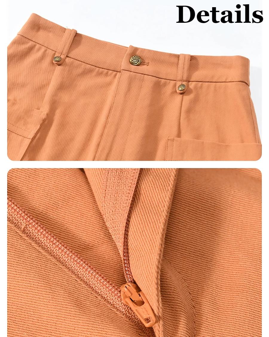 Spring Orange A-Line Skirt with High Waist and Symmetric Pockets