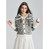 Striped Hooded Mohair Cardigan - Y2K Style Pom-Pom Knit Top