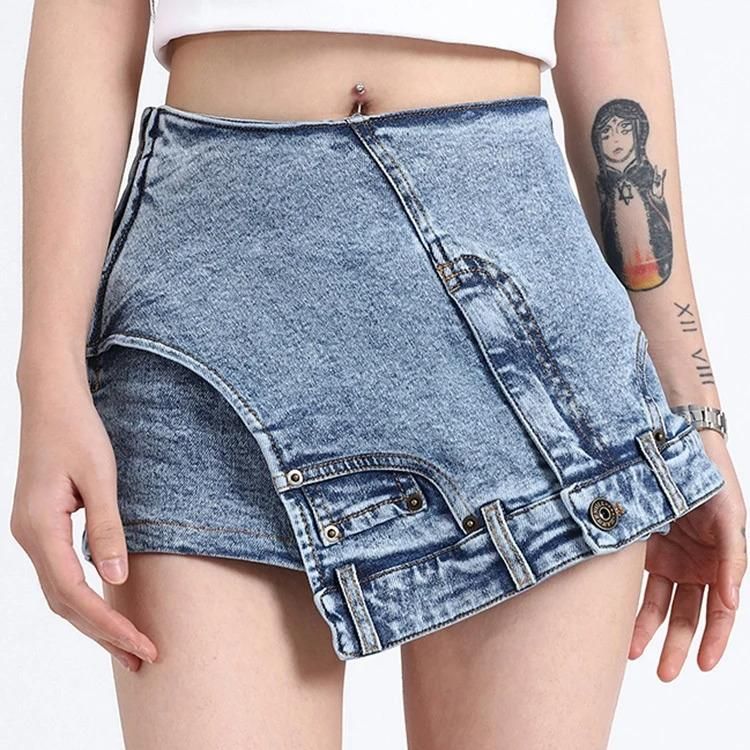 Patchwork-Jeansshorts mit hoher Taille für Damen