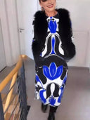 Round-Neck Printed Long-Sleeve Midi Dress