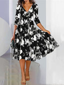 Women's V-Neck Digital-Print Loose A-Line Dress