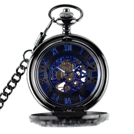 Retro Flip New Roman Blue Surface Mechanical Pocket Watch - Dazpy