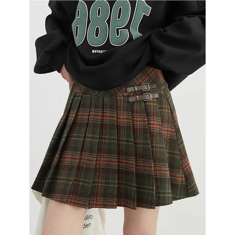 High Waist Wool Plaid A-line Pleated Skirt for Spring and Autumn