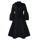 Puff-Sleeve Bow-Tie High-Waist Swing Midi Dress