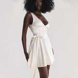 White Backless Satin Mini Dress with Deep V Neck and Belt