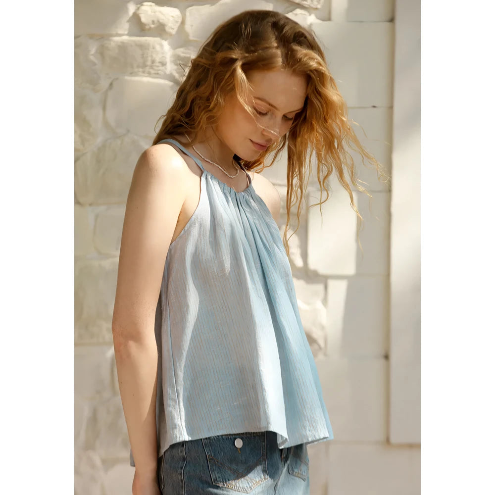 Top corto vintage de lino a rayas azules con cuello halter