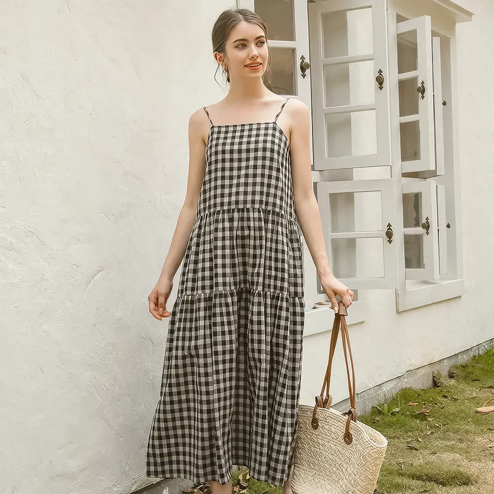 Vestido de verano de lino y algodón a cuadros vintage