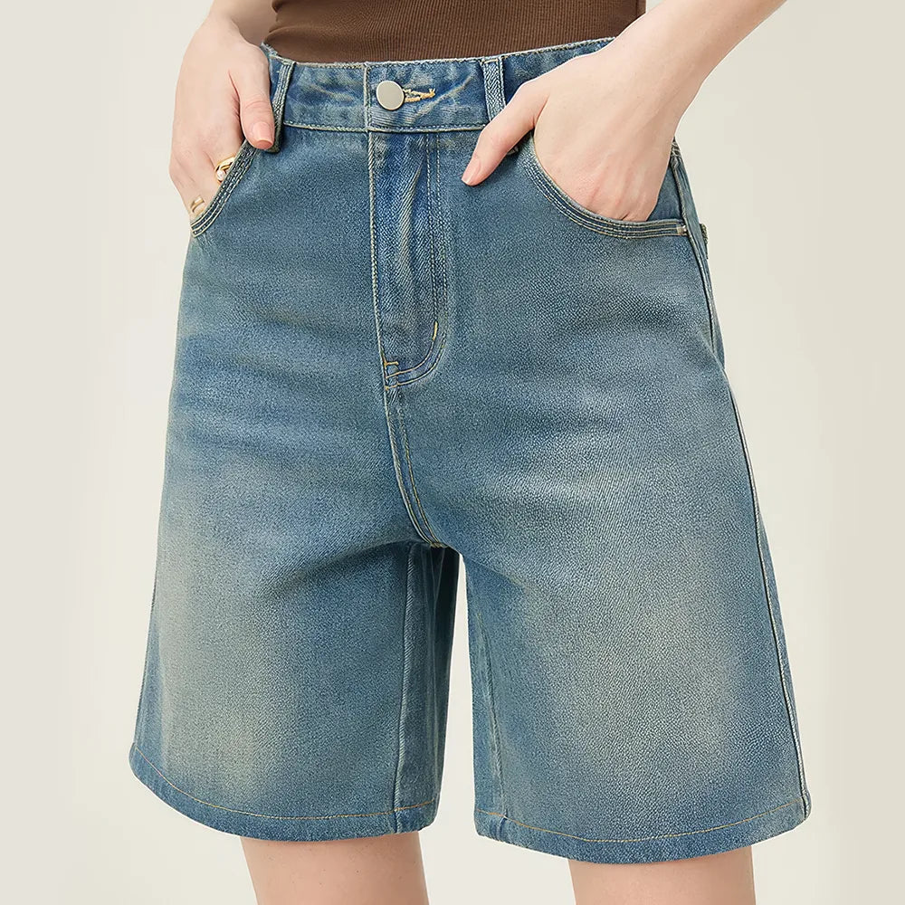 Jeansshorts mit hoher Taille und verwaschenem Vintage-Look