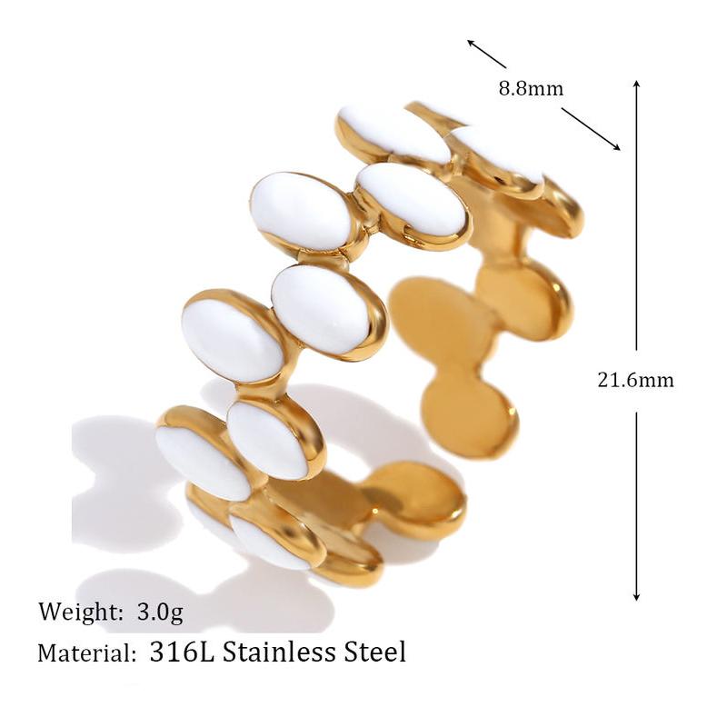 Verstellbarer, versetzter ovaler geometrischer Ring aus weißem Emaille – Edelstahl, hypoallergen