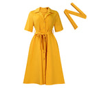 Women's Belted Lapel-Collar A-Line Dress