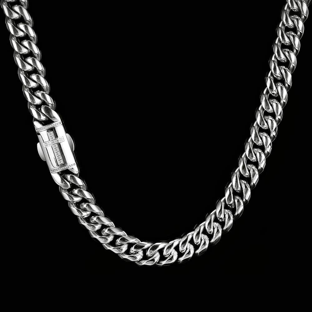 Stainless Steel Encrusted Zircon Spring Buckle Cuban Chain - Dazpy