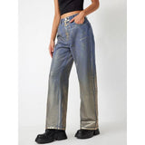 Colorblock Casual Denim Floor Length Trousers For Women