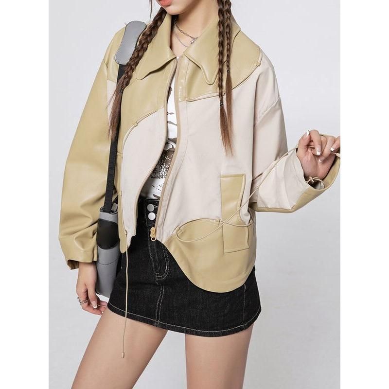 Pu Leather Spliced Zippers Jacket