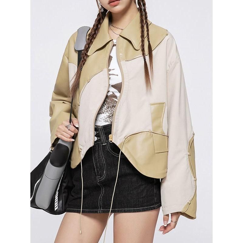 Pu Leather Spliced Zippers Jacket