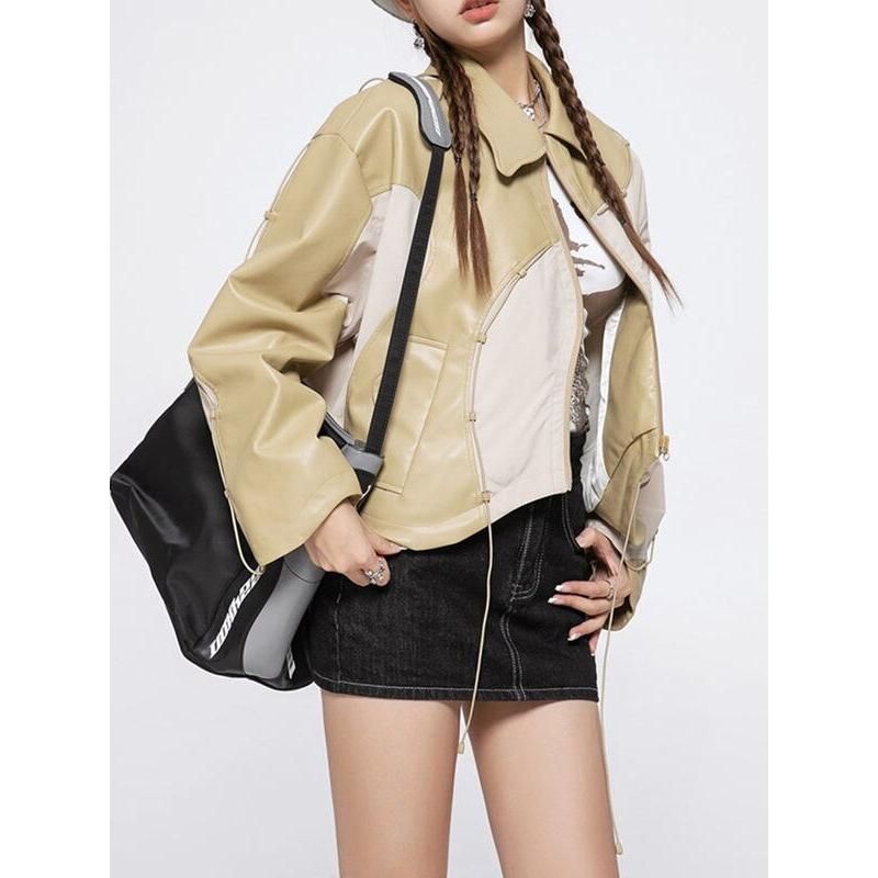 Pu Leather Spliced Zippers Jacket