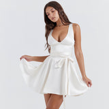 White Backless Satin Mini Dress with Deep V Neck and Belt