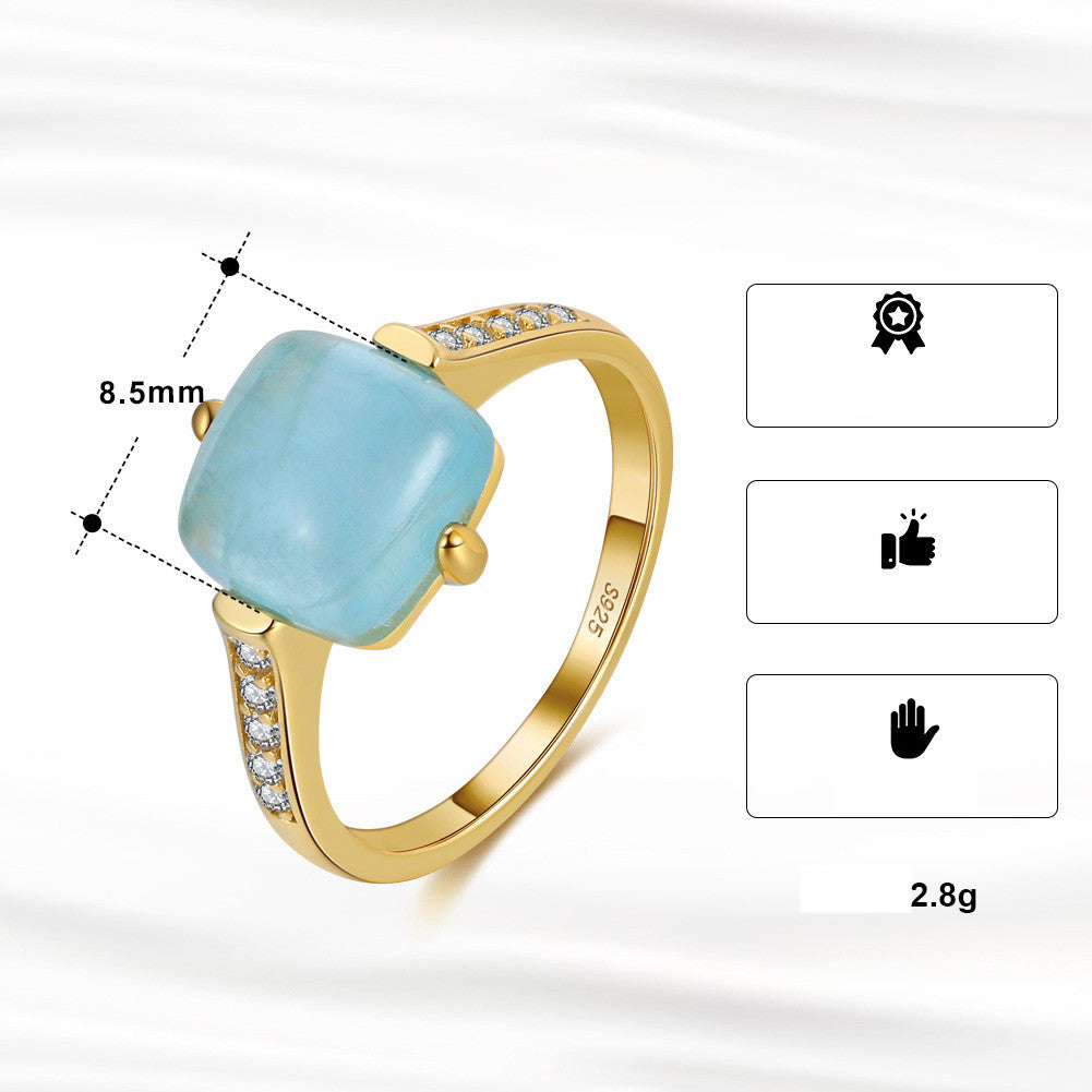 S925 Sterling Silver Ring Natural Aquamarine Four-claw Inlay - Dazpy