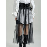 High Waist Black PU Leather Ruffles Mesh Long Elegant Half-body Skirt