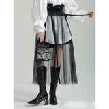 High Waist Black PU Leather Ruffles Mesh Long Elegant Half-body Skirt