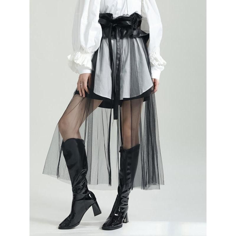 High Waist Black PU Leather Ruffles Mesh Long Elegant Half-body Skirt