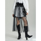 High Waist Black PU Leather Ruffles Mesh Long Elegant Half-body Skirt