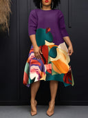 Women's Abstract-Print Three-Quarter-Sleeve Midi Dress