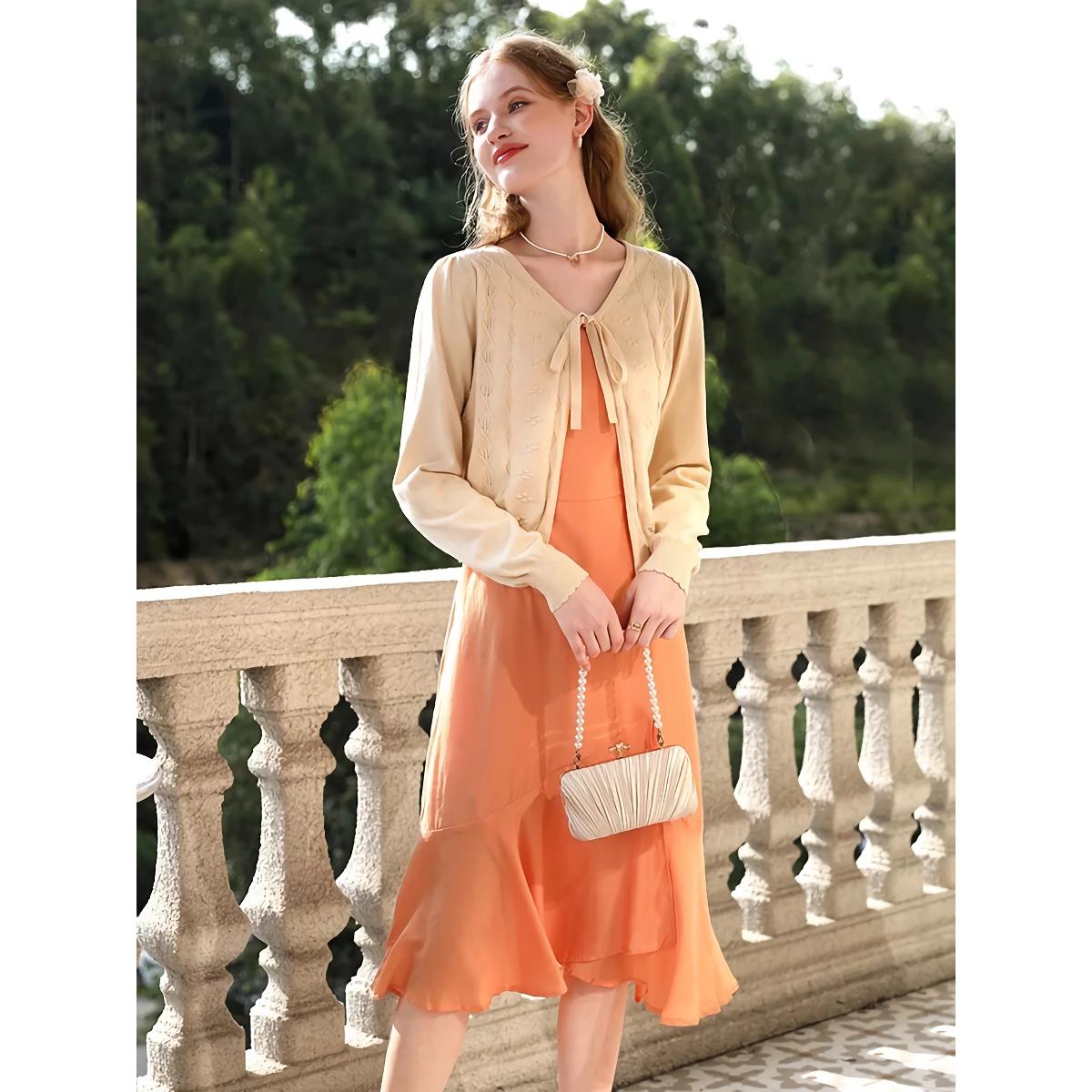 Apricot Elegant V-Neck French Style Knit Cardigan