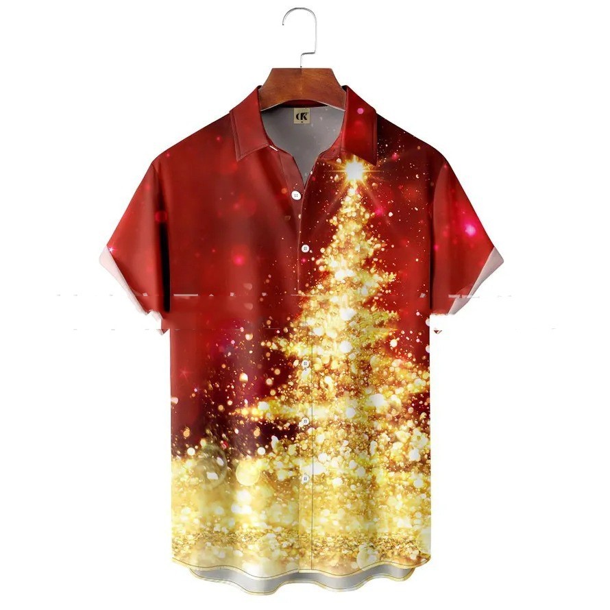 Men's Lapel Basic Holiday Printed Short-sleeved Shirt