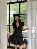 Women's Lace-Edge V-Neck Pleated Mesh Dress