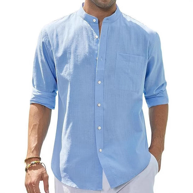 Camisa de algodón de color liso con cuello alto y manga larga para hombre