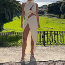 Women's Round-Neck Pleated Cutout Long Dress