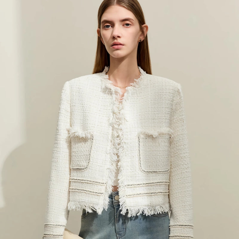 Minimalist Tweed Short Jacket with Tassel and Pleated Cuffs