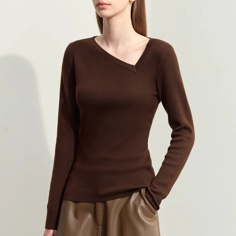 Herbstlicher asymmetrischer, diagonaler V-Ausschnitt-Slim-Pullover