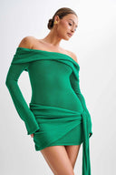 Vestido de punto asimétrico con hombros descubiertos y cordones para mujer