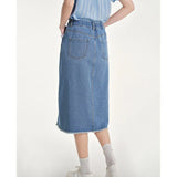 Summer Chic Denim A-Line Skirt with Plush Edges and Split Hem