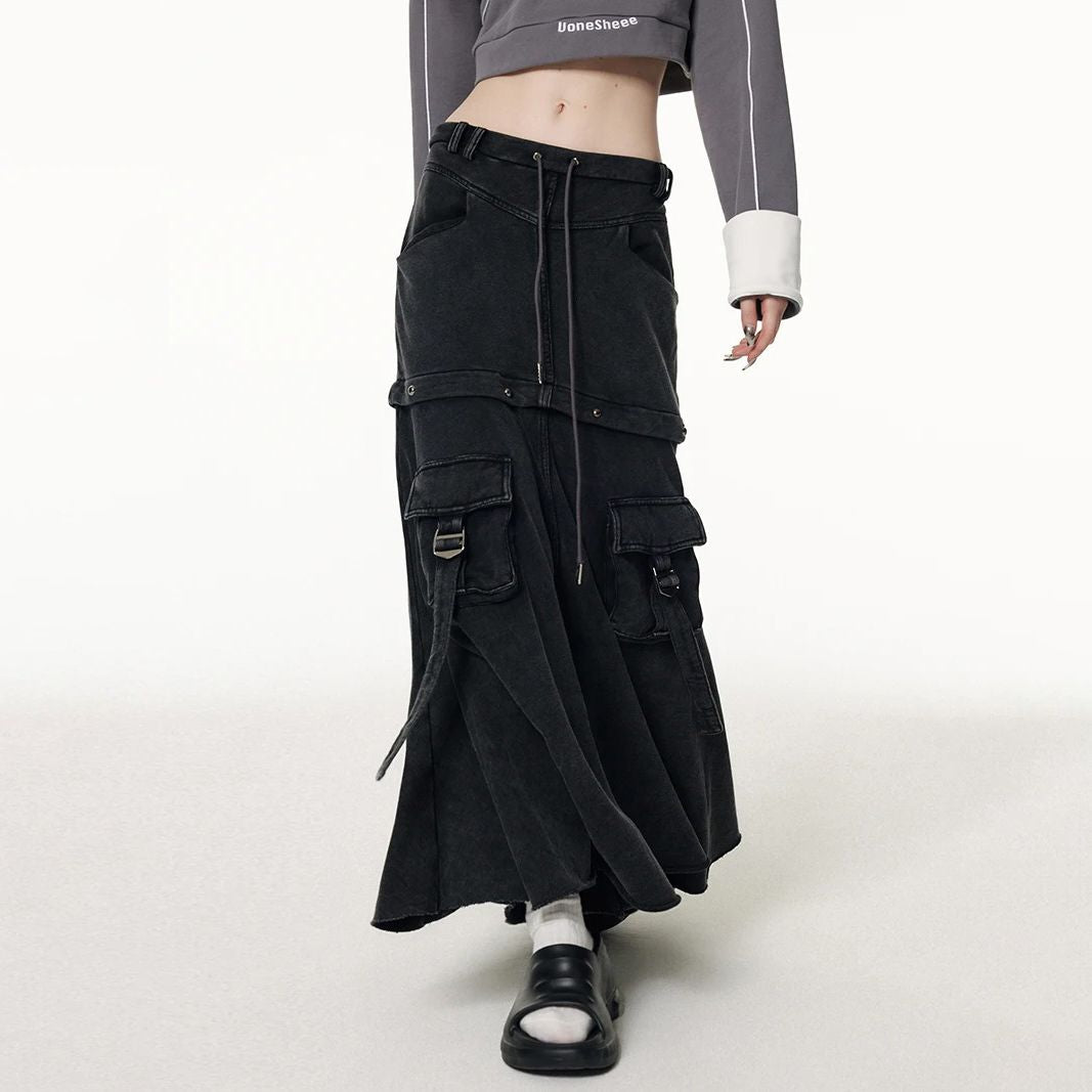 Versatile Two-Way Detachable Black Denim Skirt